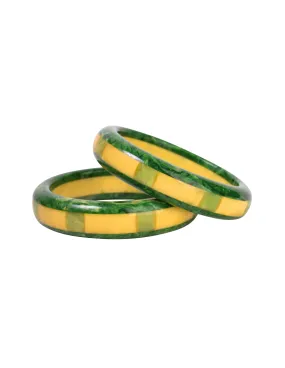 Shultz Reworked Vintage Pair of Green Yellow Marbled Inlay Bakelite Bracelets