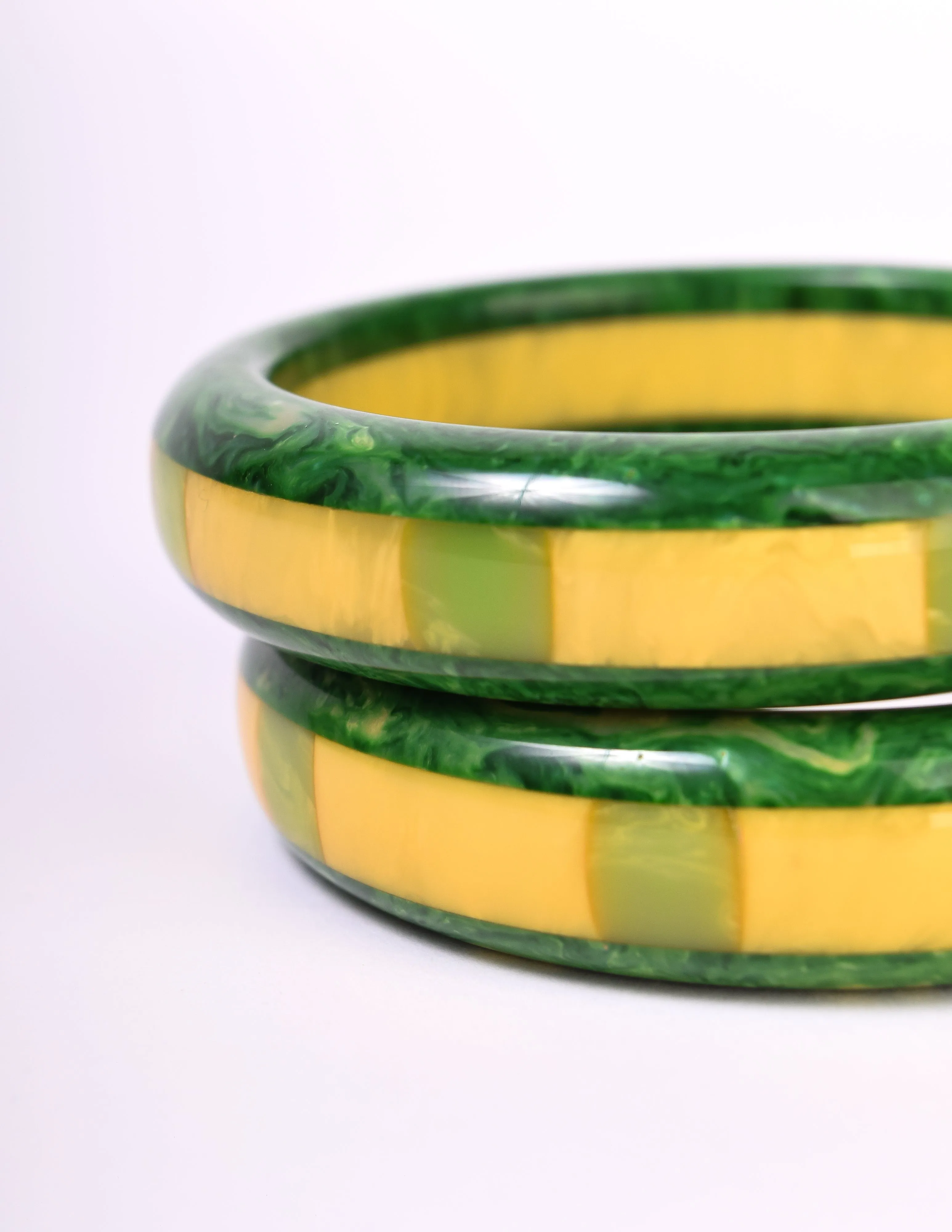 Shultz Reworked Vintage Pair of Green Yellow Marbled Inlay Bakelite Bracelets