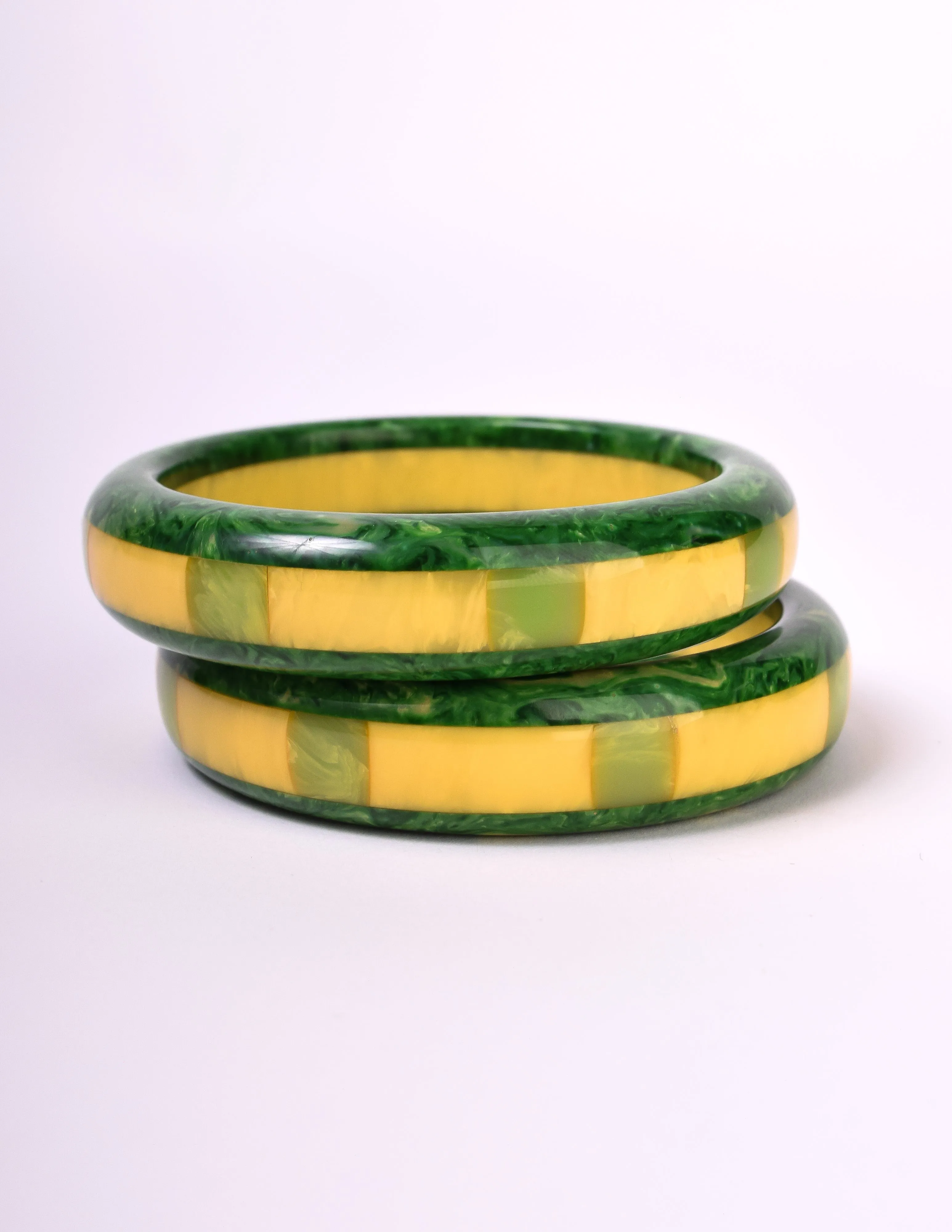 Shultz Reworked Vintage Pair of Green Yellow Marbled Inlay Bakelite Bracelets