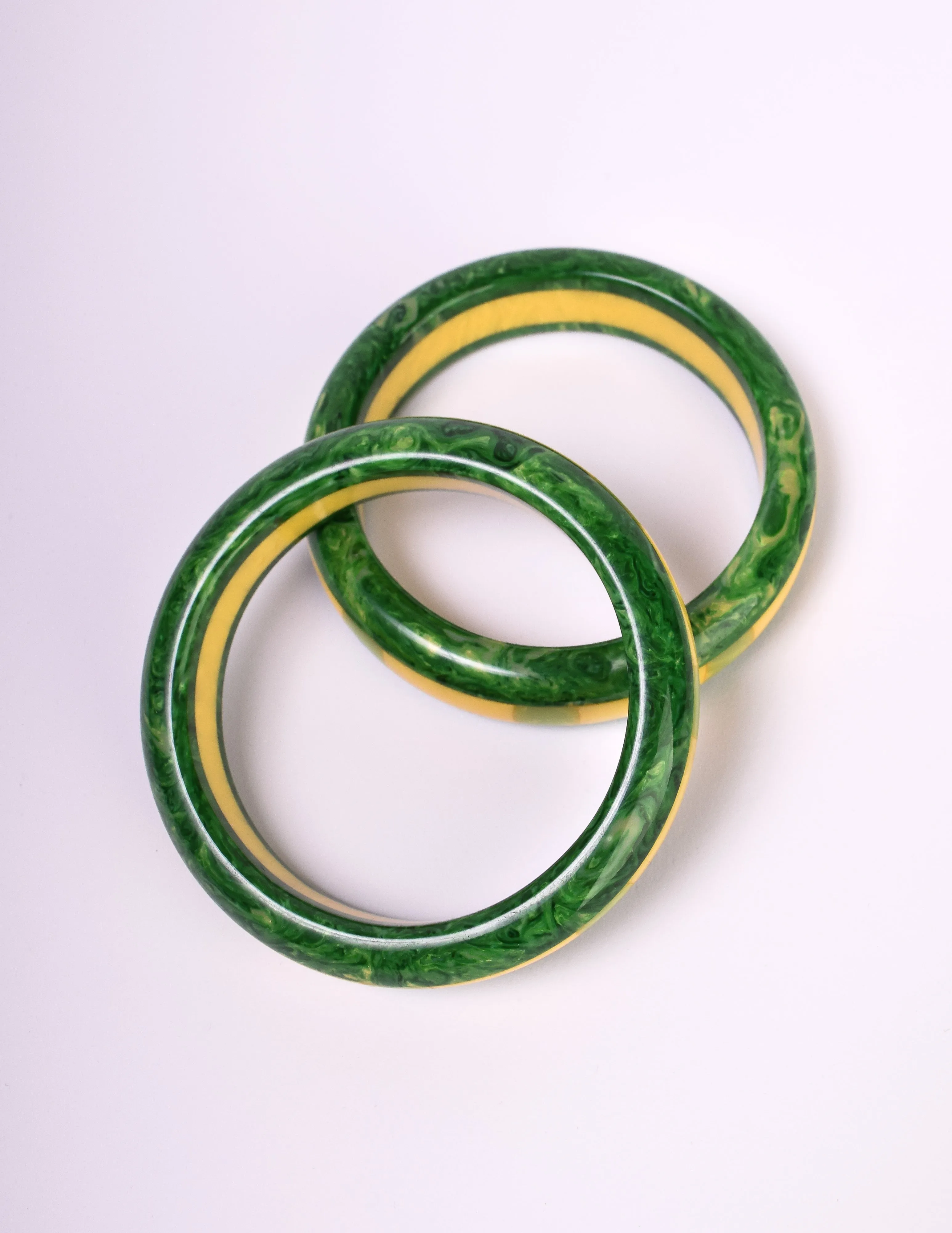 Shultz Reworked Vintage Pair of Green Yellow Marbled Inlay Bakelite Bracelets