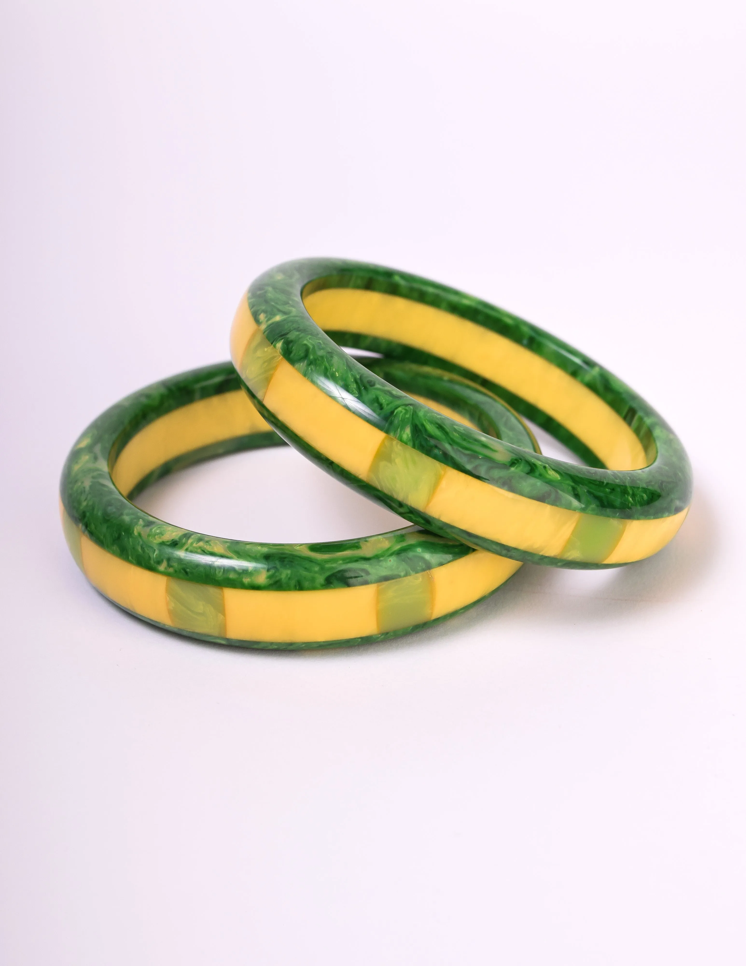 Shultz Reworked Vintage Pair of Green Yellow Marbled Inlay Bakelite Bracelets