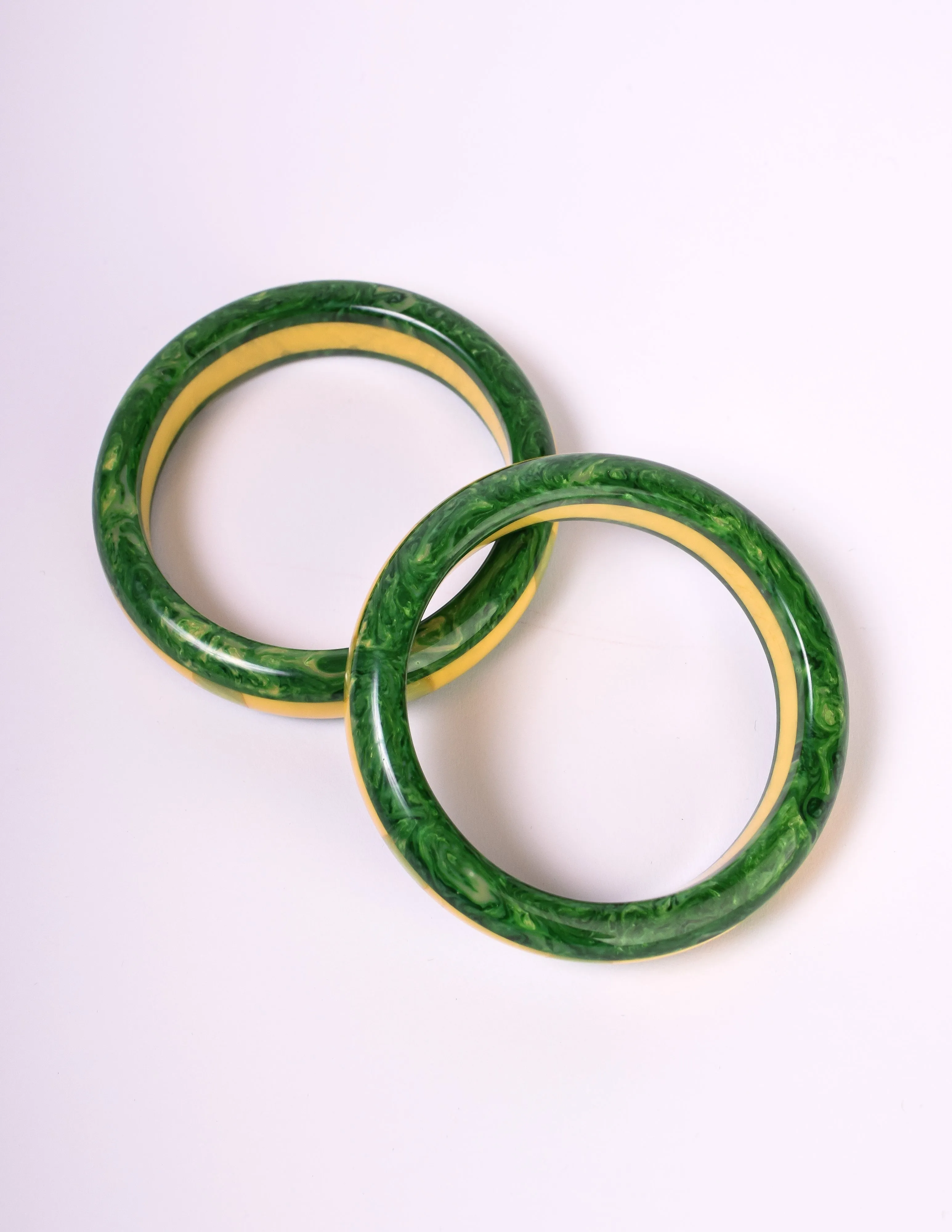 Shultz Reworked Vintage Pair of Green Yellow Marbled Inlay Bakelite Bracelets