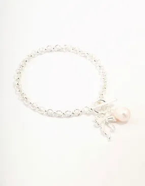 Silver Plated T & O Freshwater Pearl & Bow Charm Bracelet