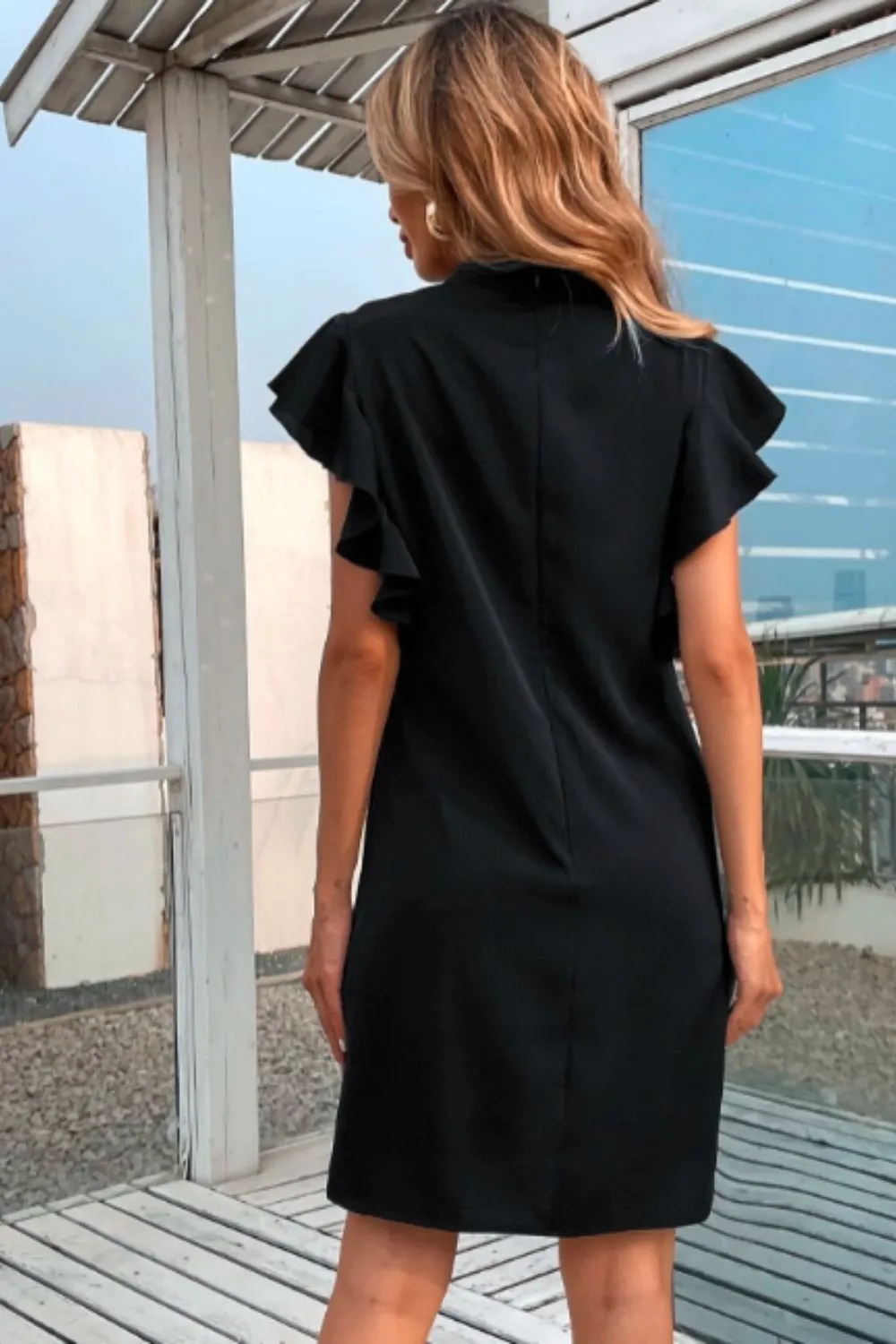 Solid Butterfly Sleeve Choker Neck Dress