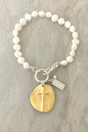 Sophie Gold Pearl Bracelet | Matte Gold Cross and Heart | By Pearly Girls