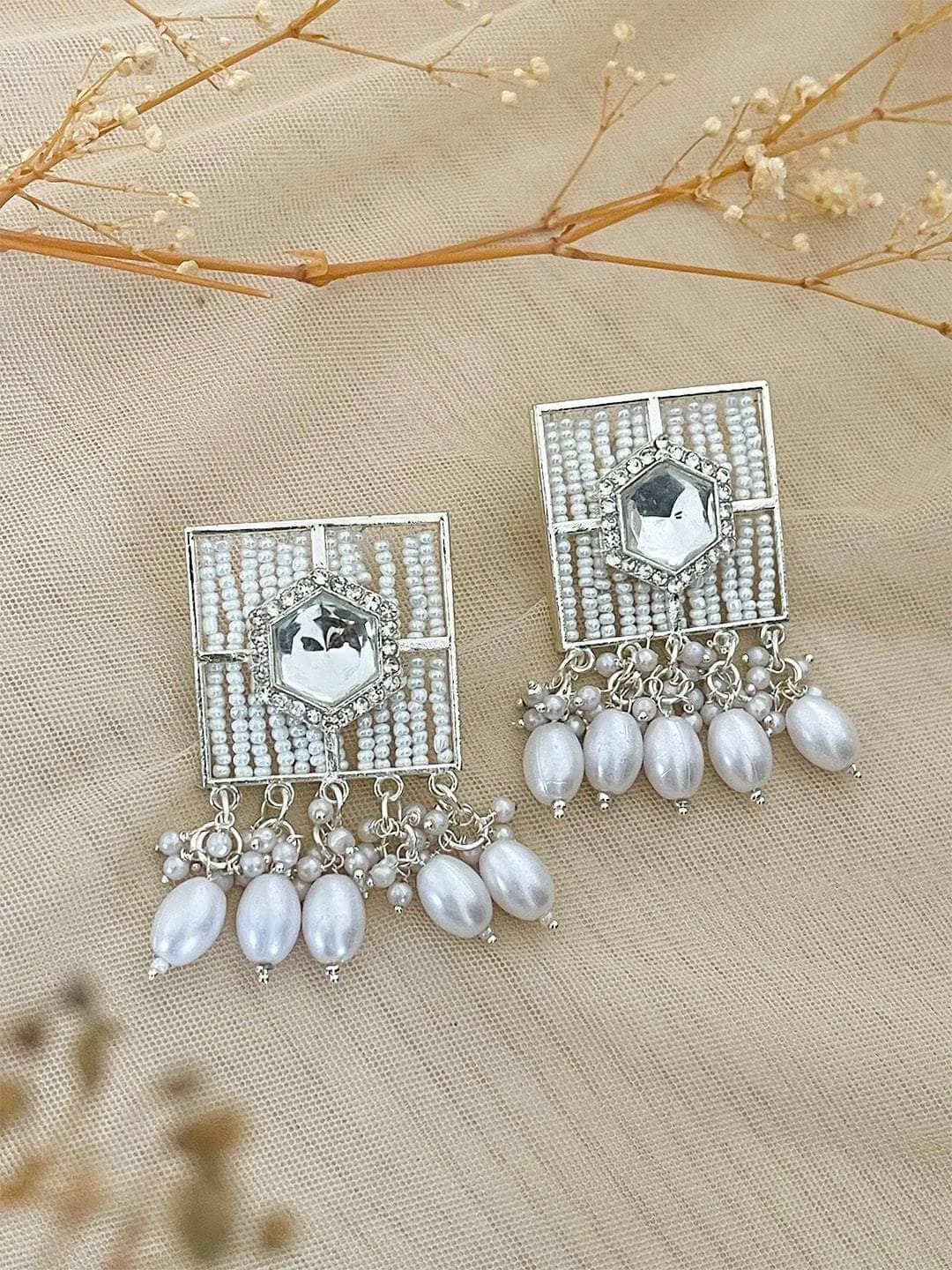 Square Crystal Work With Moti Design Earring