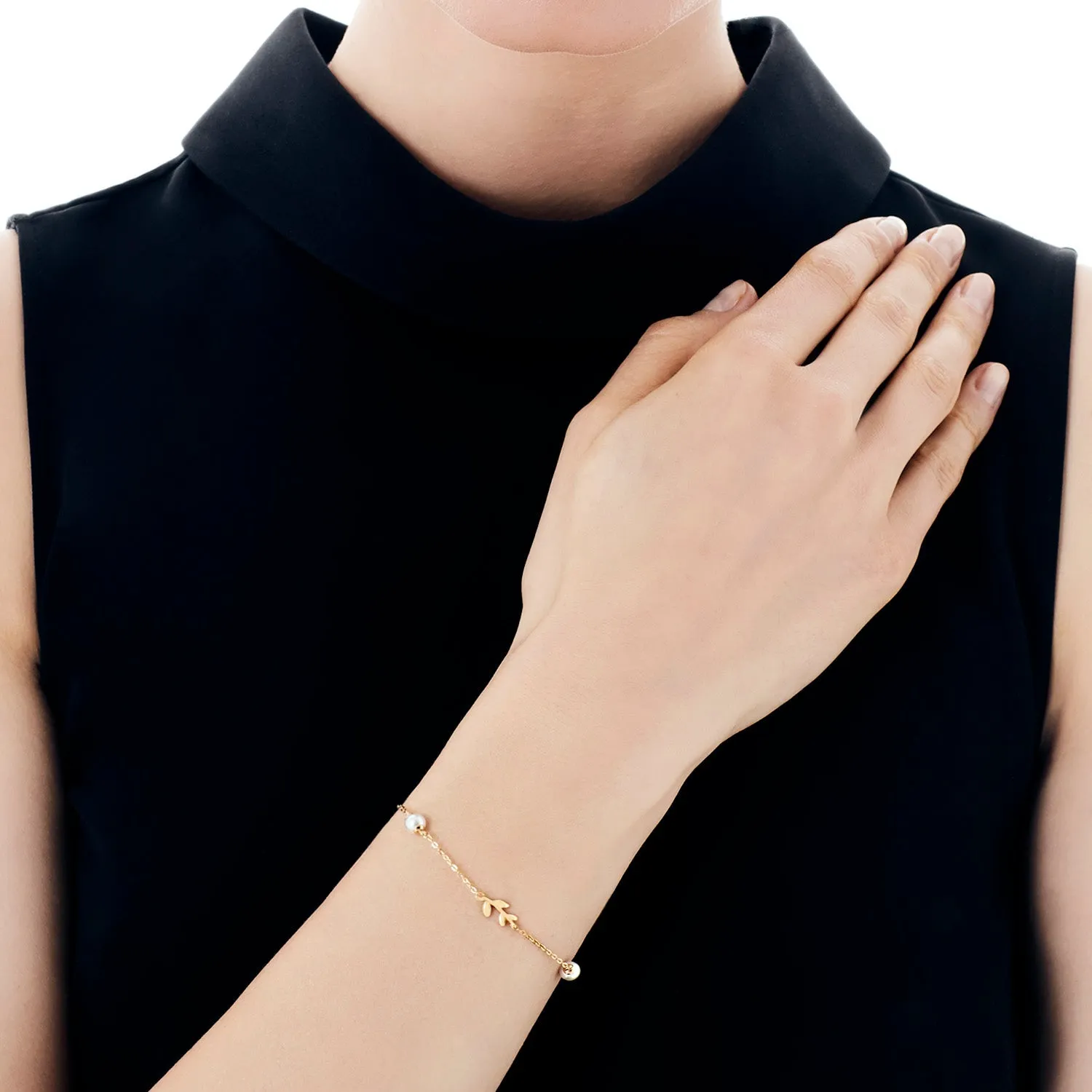 Sterling Silver Gold Plated Bracelet for Women with Organic Pearl, 5mm Round White Pearl, 6.1" Length, Juliette Collection