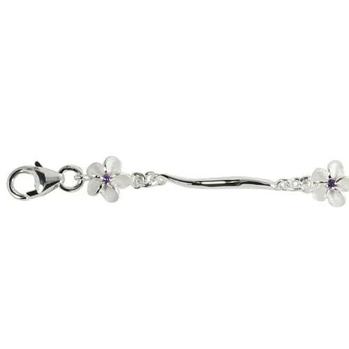 Sterling Silver Hawaiian Plumeria with Purple CZ Wave Bar Links Bracelet