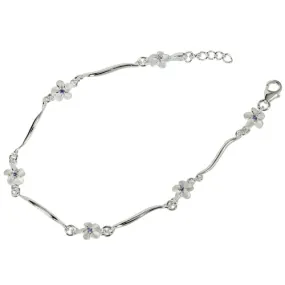 Sterling Silver Hawaiian Plumeria with Purple CZ Wave Bar Links Bracelet