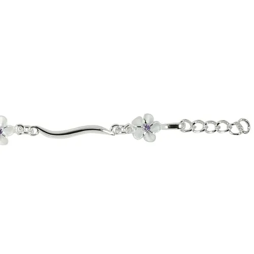 Sterling Silver Hawaiian Plumeria with Purple CZ Wave Bar Links Bracelet
