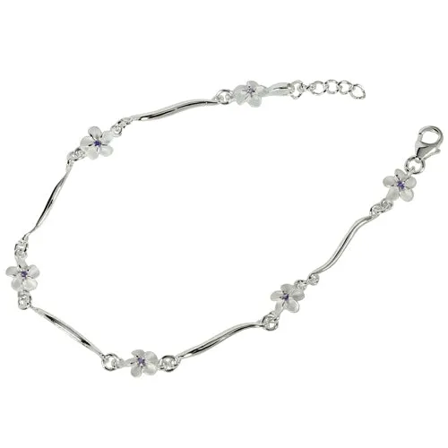 Sterling Silver Hawaiian Plumeria with Purple CZ Wave Bar Links Bracelet