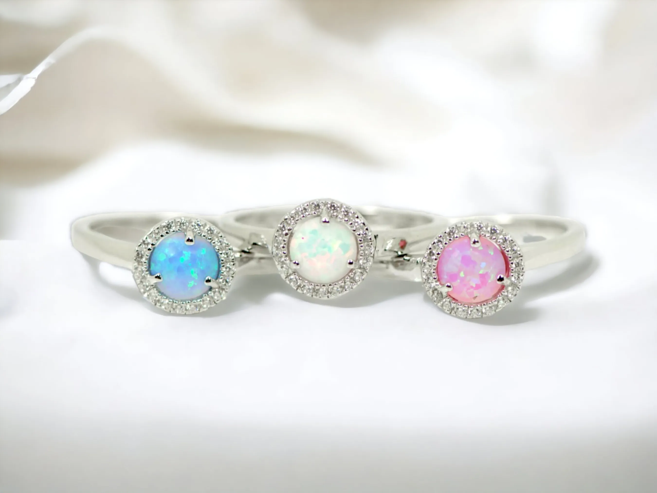 Sterling Silver Light Pink Opal and CZ Halo Ring