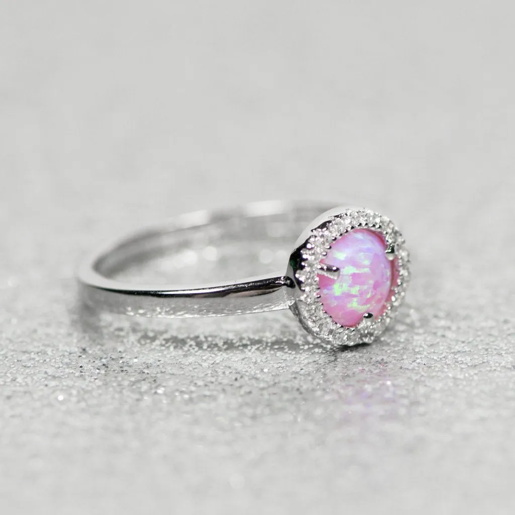 Sterling Silver Light Pink Opal and CZ Halo Ring