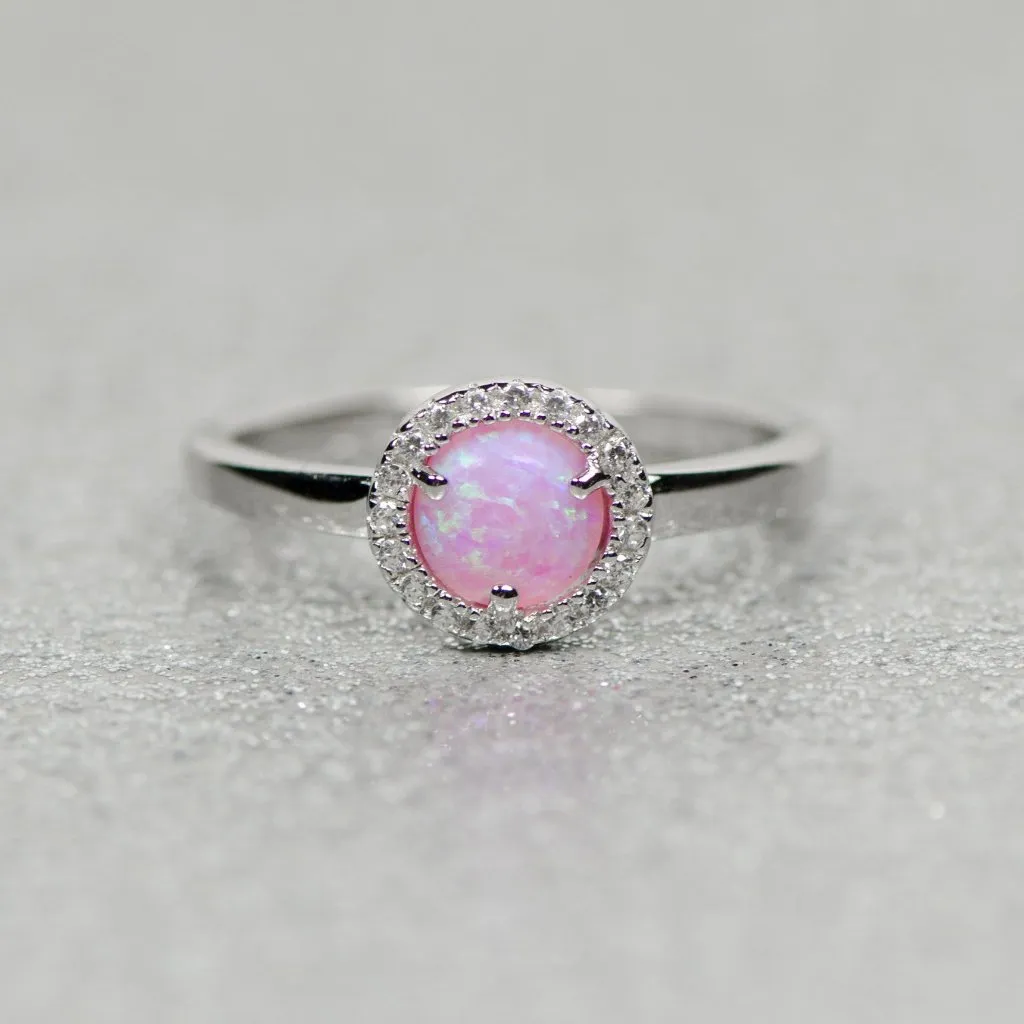 Sterling Silver Light Pink Opal and CZ Halo Ring