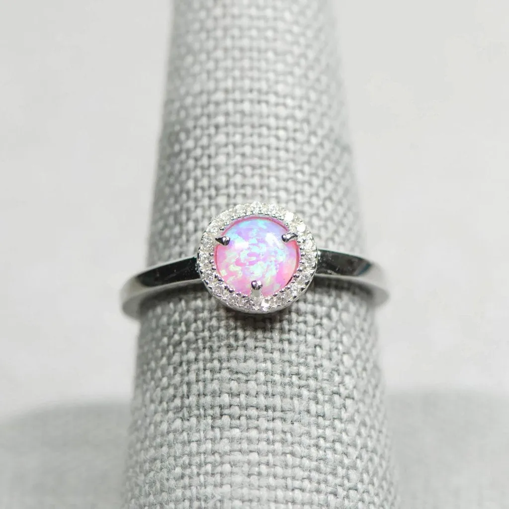 Sterling Silver Light Pink Opal and CZ Halo Ring