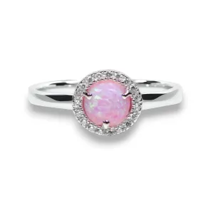Sterling Silver Light Pink Opal and CZ Halo Ring