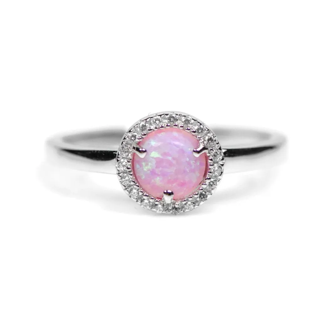 Sterling Silver Light Pink Opal and CZ Halo Ring