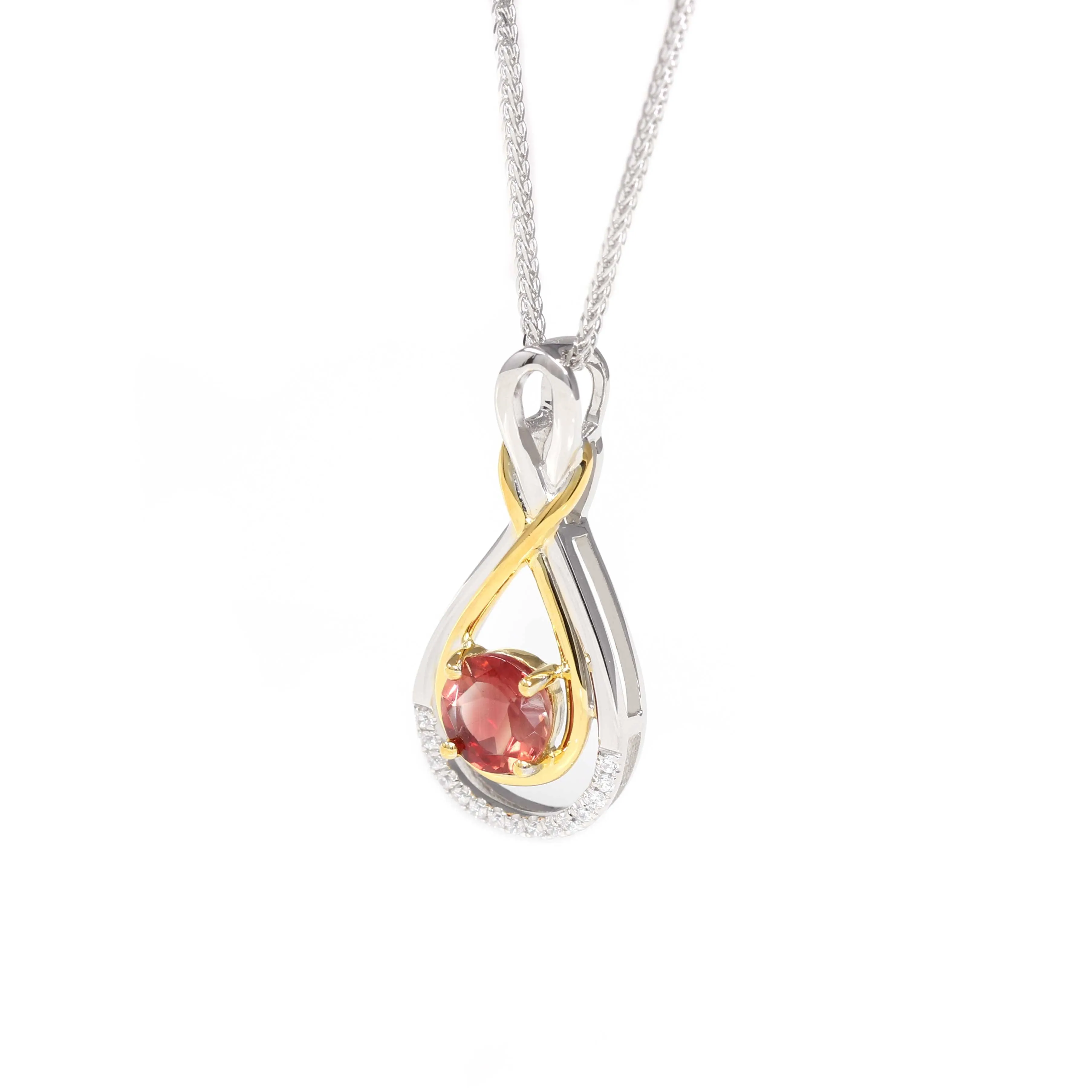 Sterling Silver Natural Ponderosa Sunstone Necklace With White Sapphire(Two Tone )