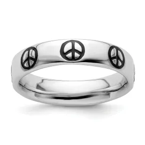 Sterling Silver Polished Enameled Peace Sign Ring