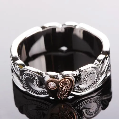 Sterling Silver Rhodium Pink Gold Plated Heart with CZ Cut Out Edge Ring