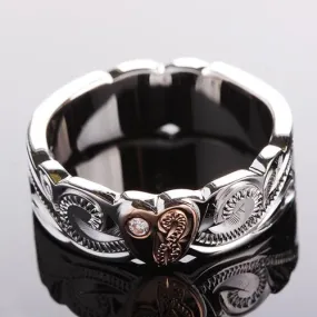 Sterling Silver Rhodium Pink Gold Plated Heart with CZ Cut Out Edge Ring