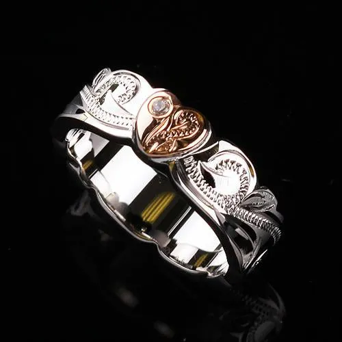 Sterling Silver Rhodium Pink Gold Plated Heart with CZ Cut Out Edge Ring