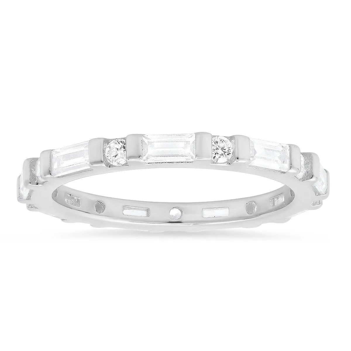 Sterling Silver Round & Baguette-cut CZ Stackable Eternity Band Ring
