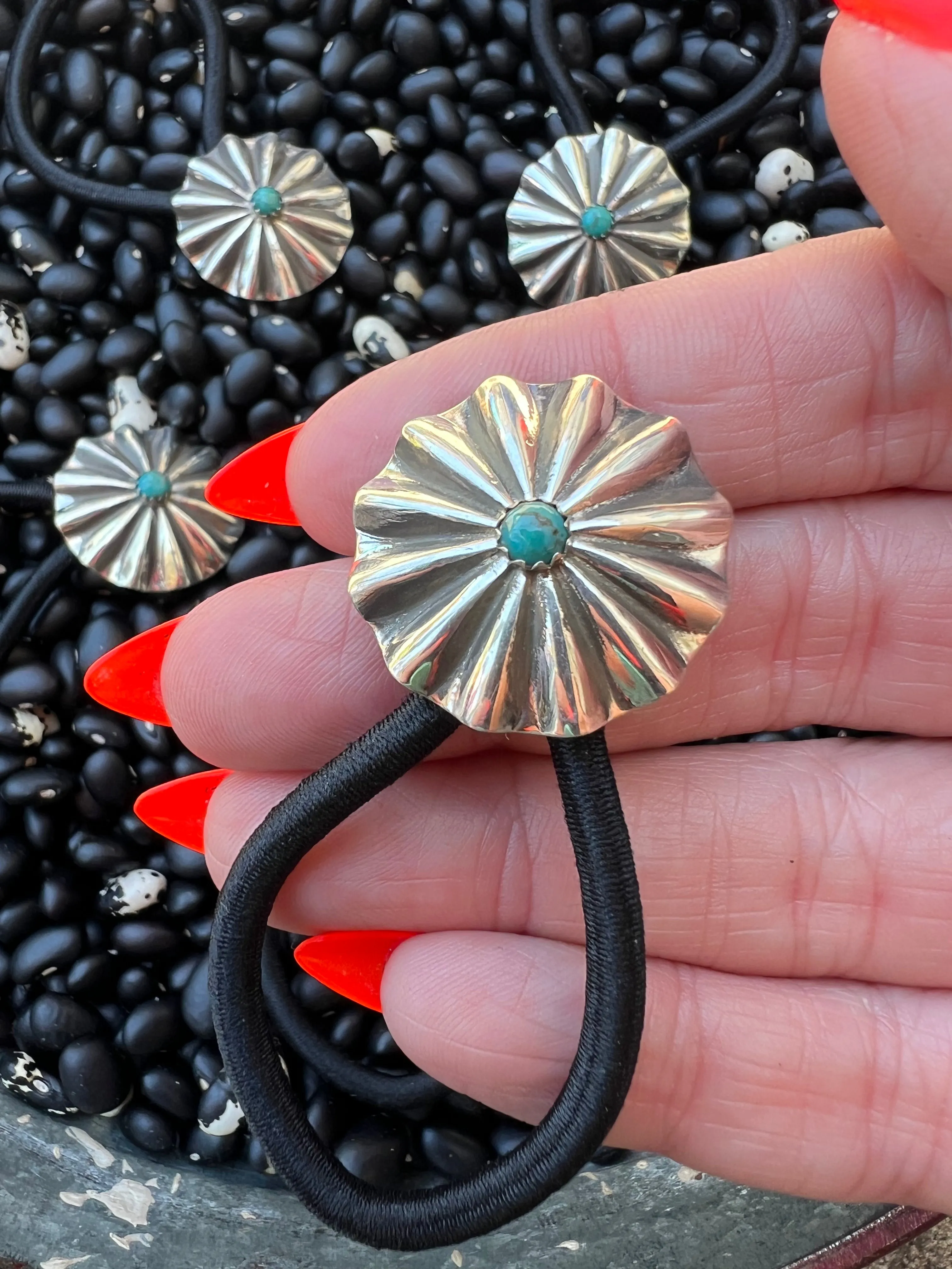 Sterling silver scallop Concho hair tie with turquoise Style B