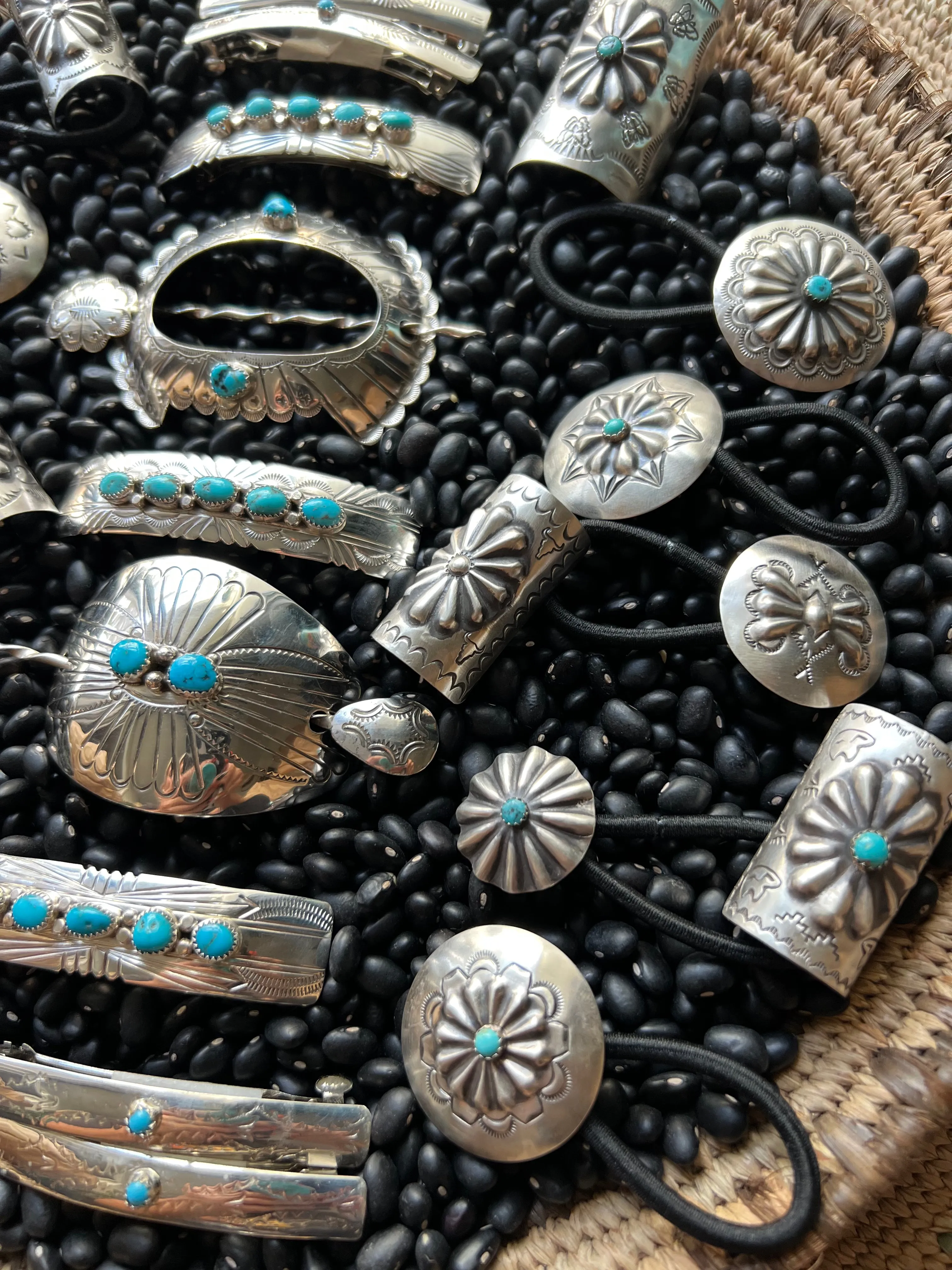 Sterling silver scallop Concho hair tie with turquoise Style B
