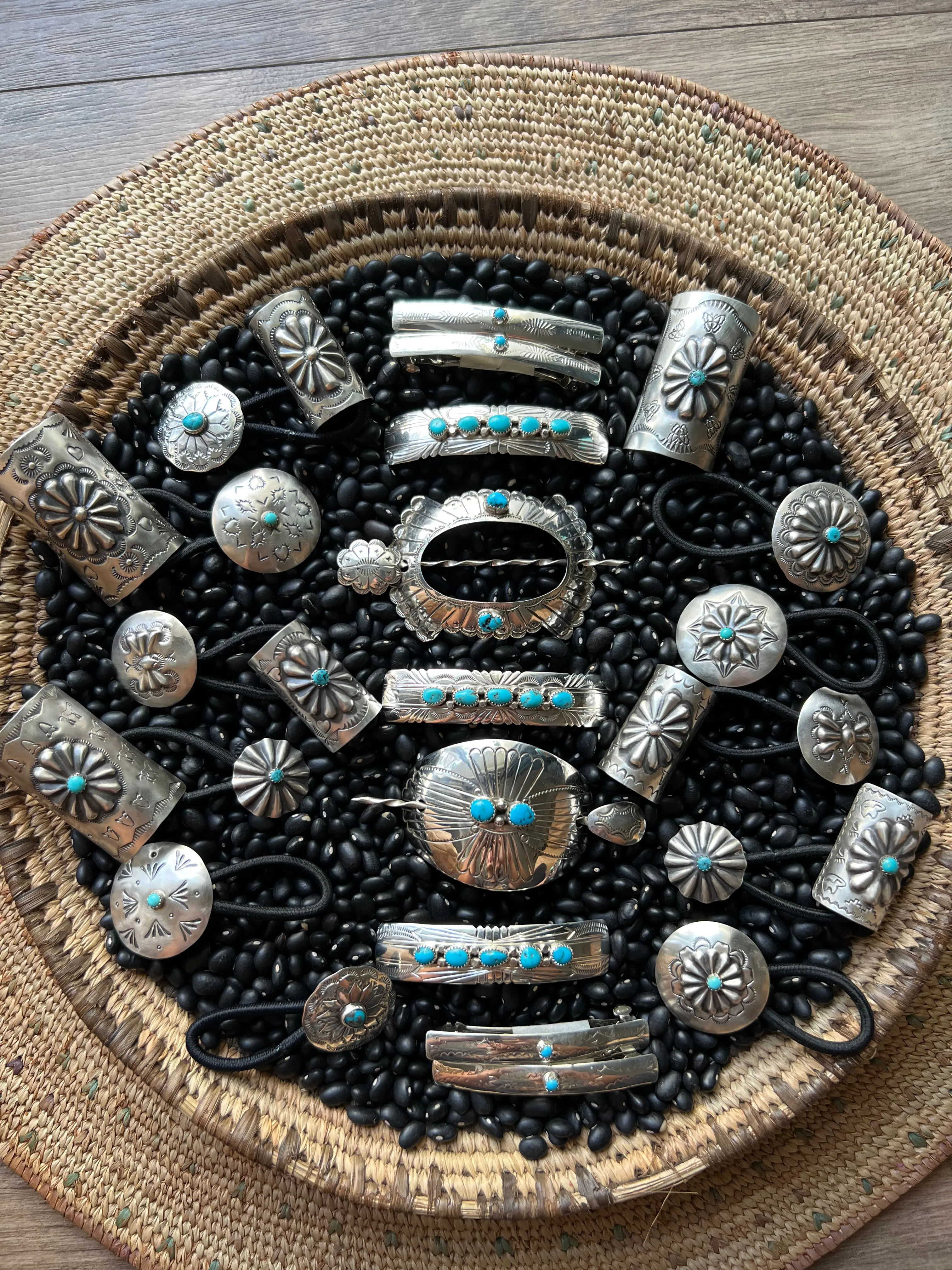 Sterling silver scallop Concho hair tie with turquoise Style B