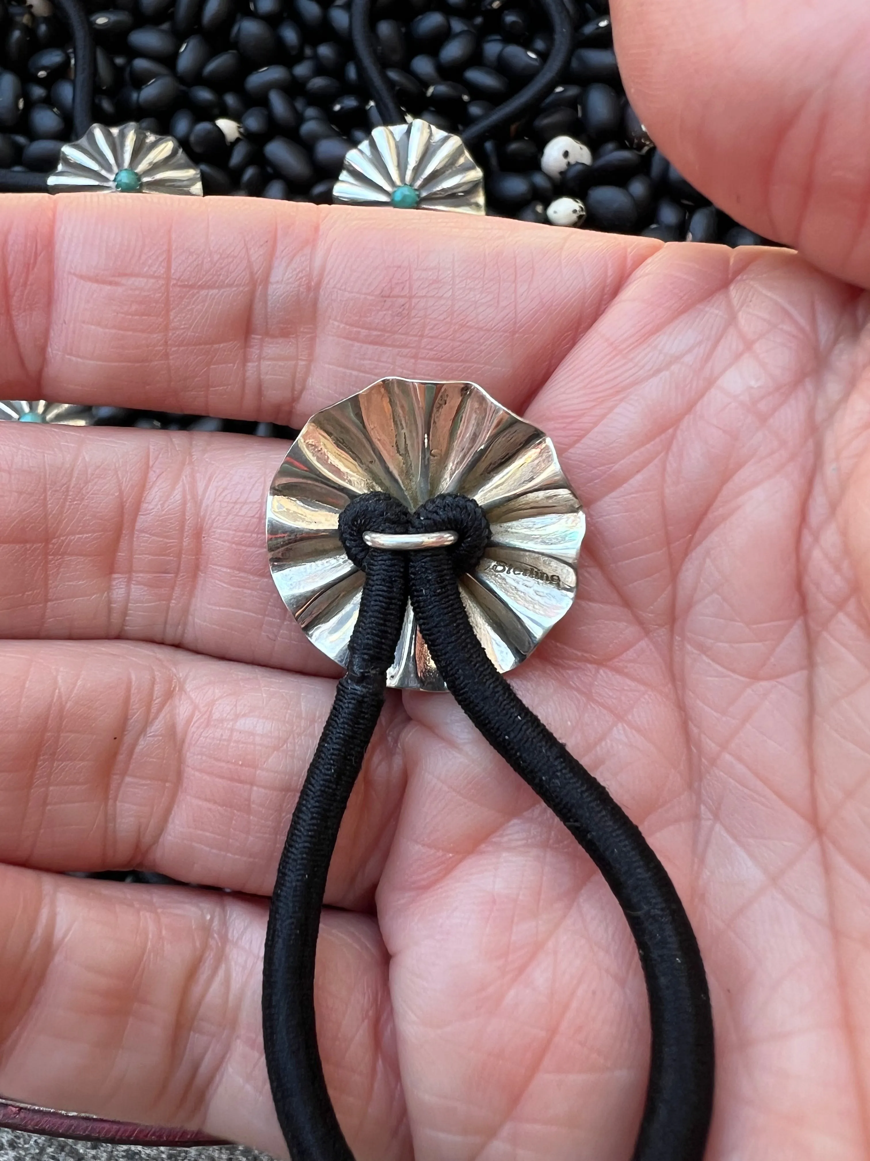 Sterling silver scallop Concho hair tie with turquoise Style B