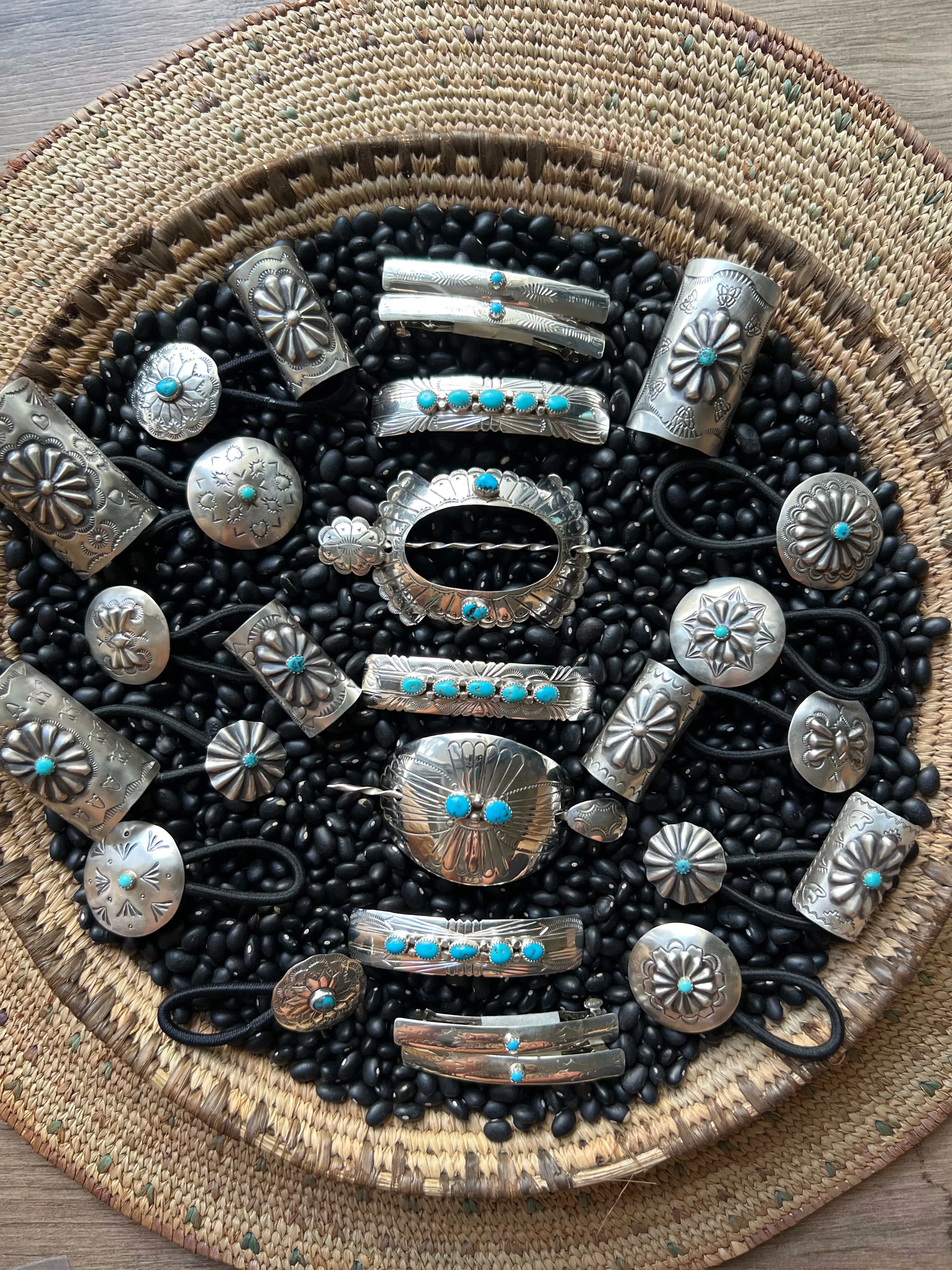 Sterling silver scallop Concho hair tie with turquoise Style B