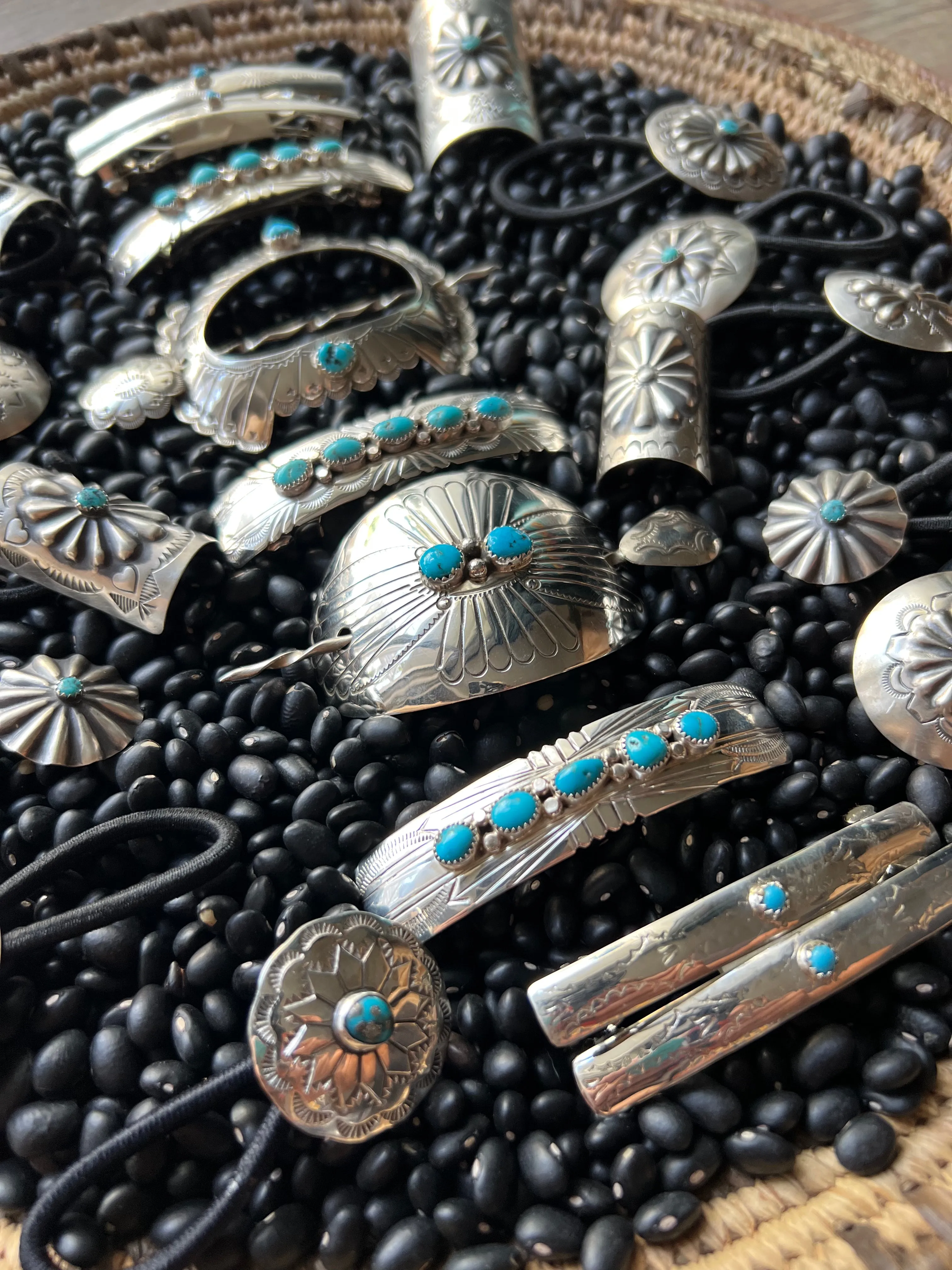 Sterling silver scallop Concho hair tie with turquoise Style B