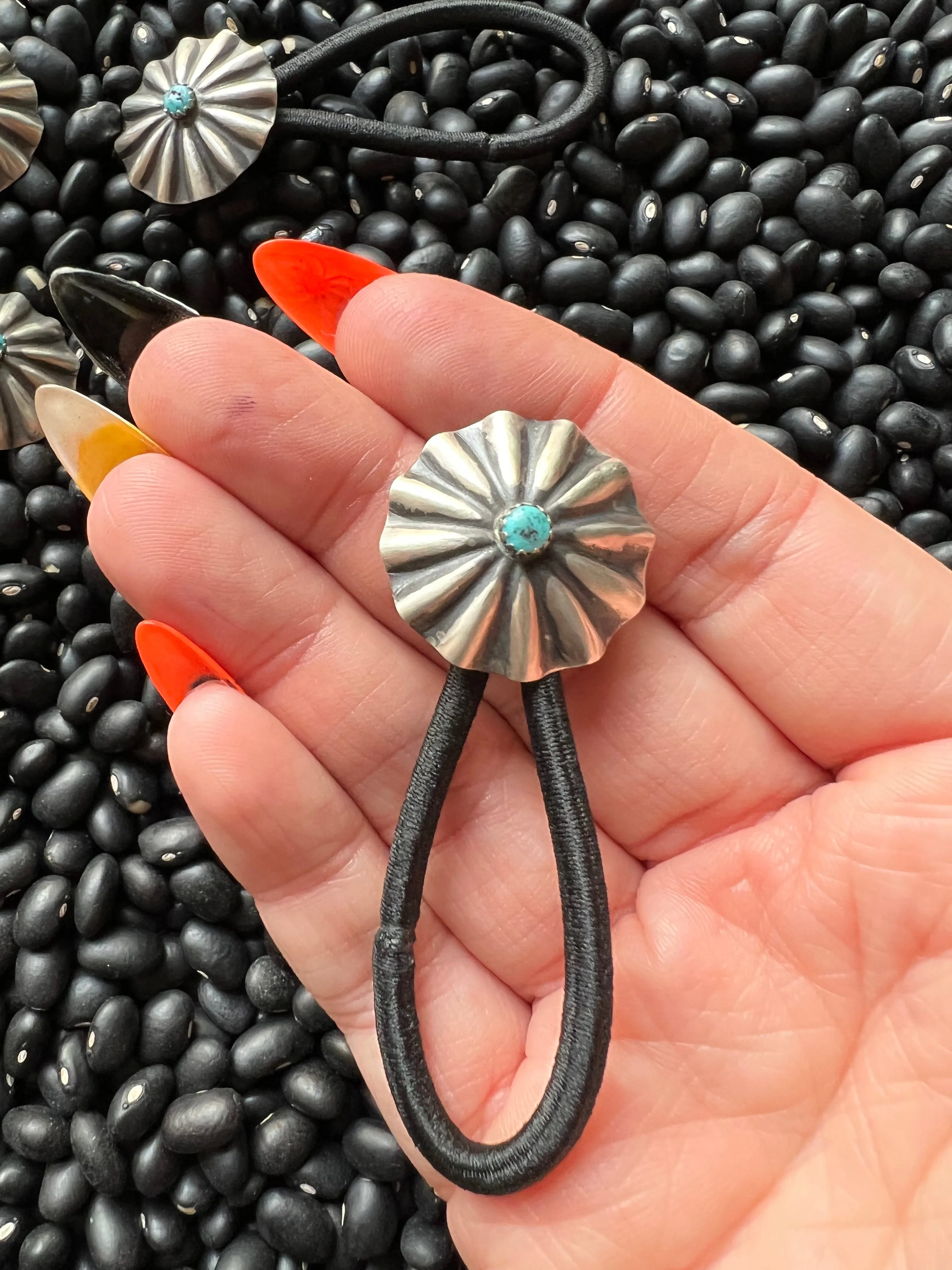Sterling silver scallop Concho hair tie with turquoise Style B