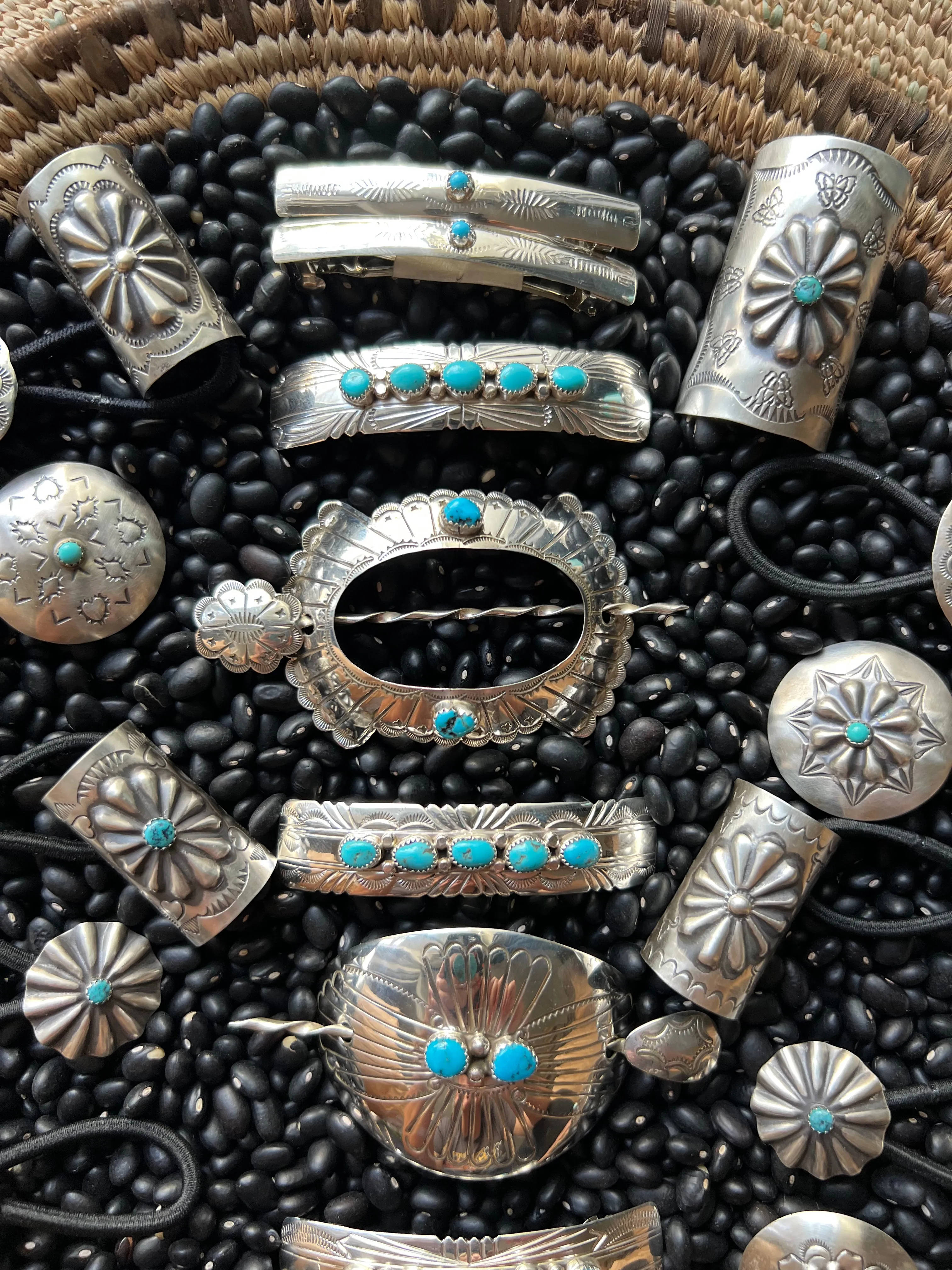 Sterling silver scallop Concho hair tie with turquoise Style B