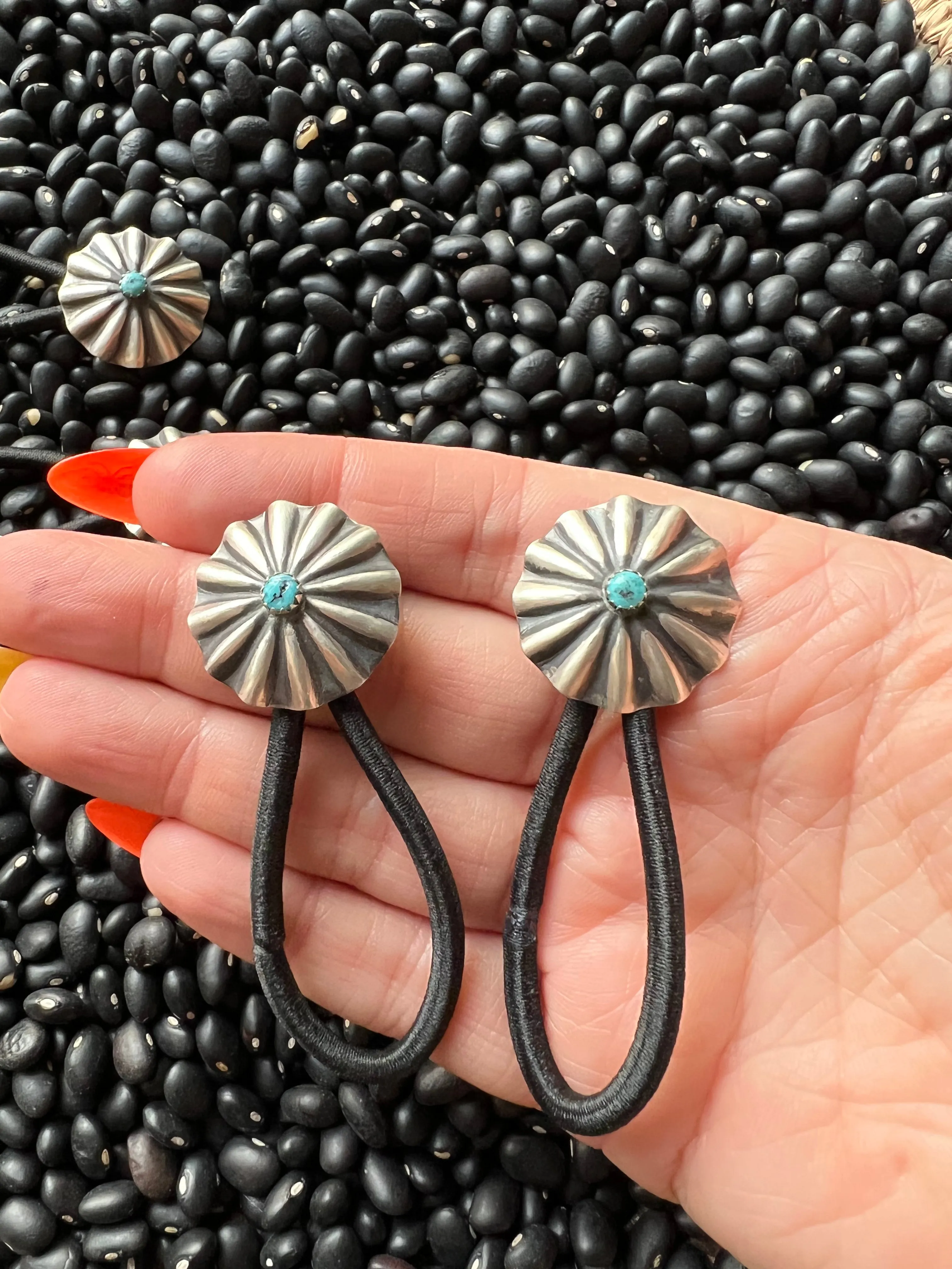 Sterling silver scallop Concho hair tie with turquoise Style B