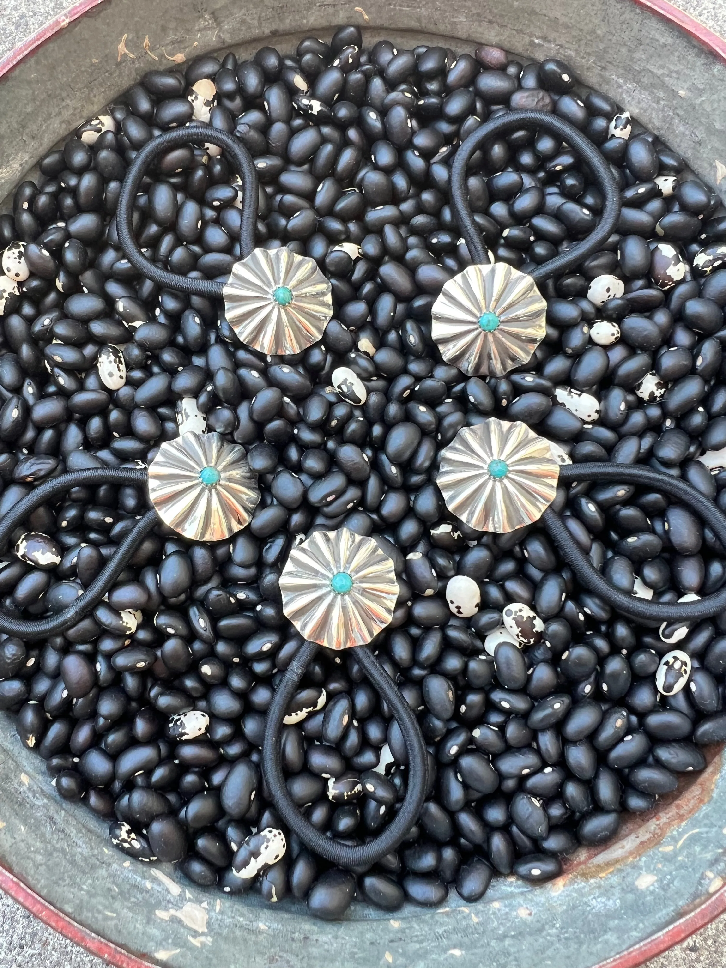 Sterling silver scallop Concho hair tie with turquoise Style B