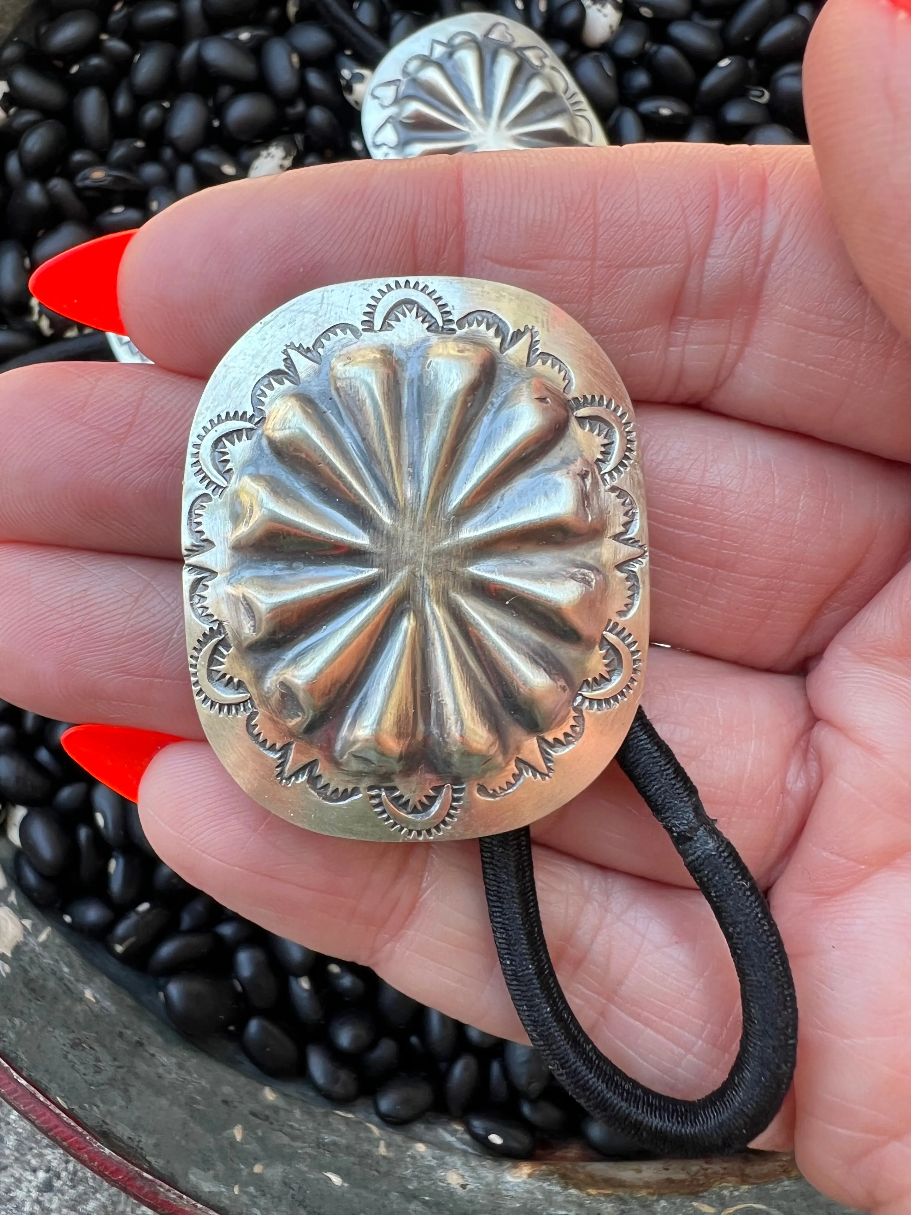 Sterling silver scallop Concho hair tie with turquoise Style C