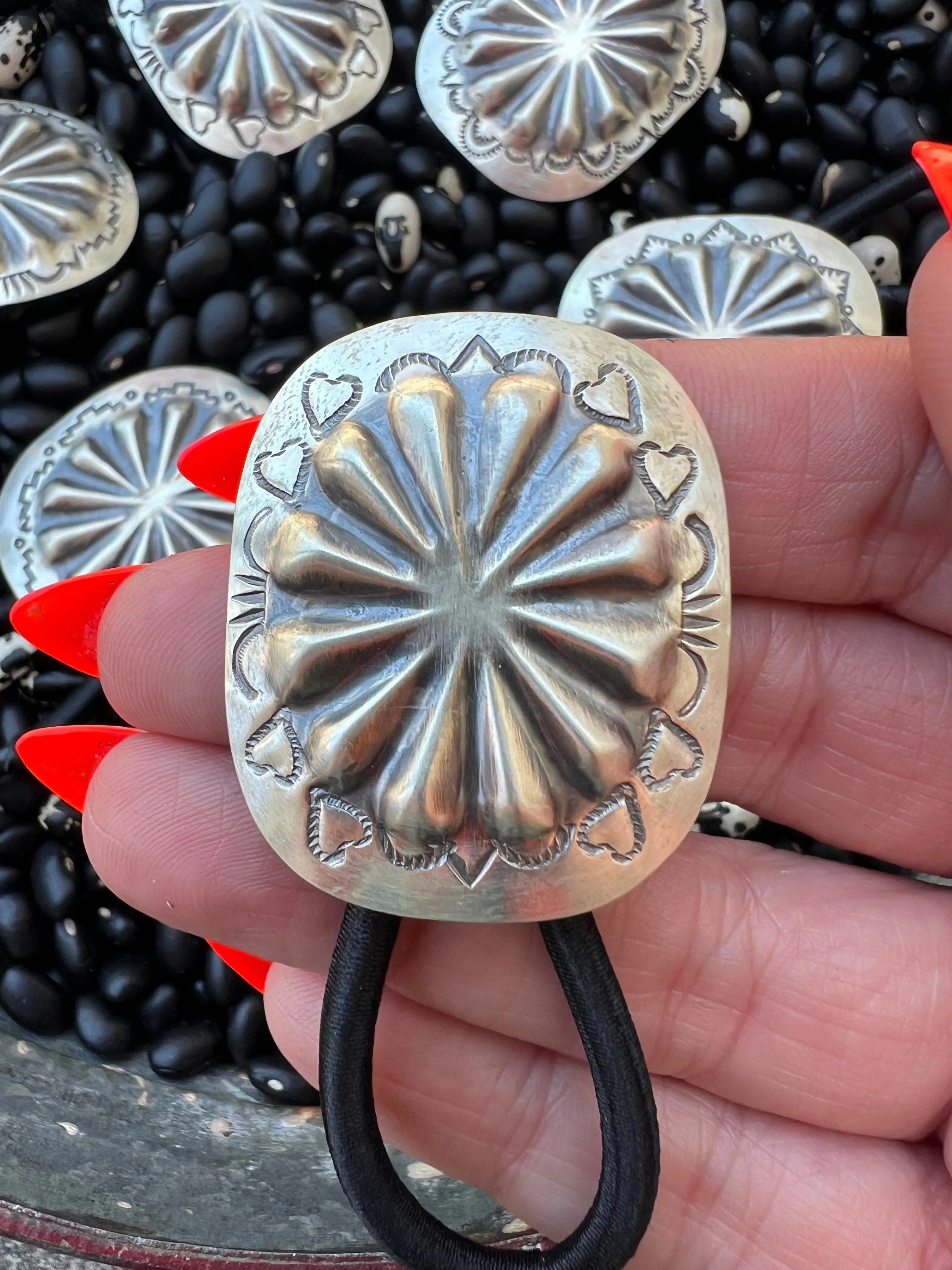Sterling silver scallop Concho hair tie with turquoise Style C