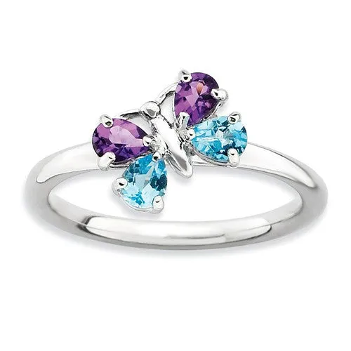 Sterling Silver Stackable Expressions Blue Topaz & Amethyst Butterfly Ring