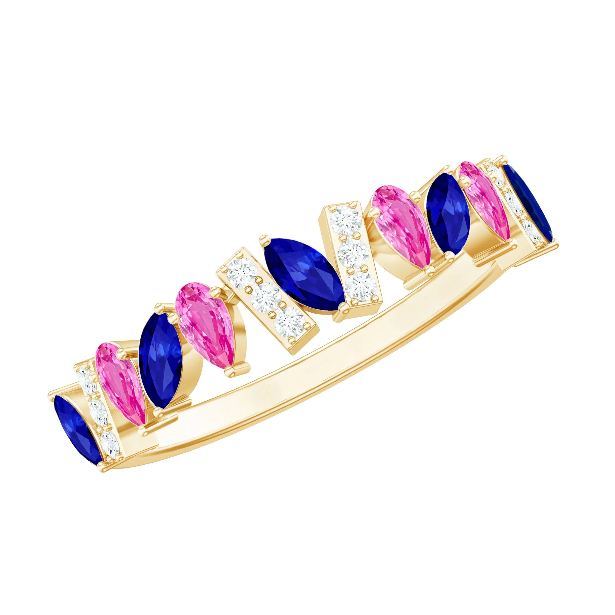 Tilted Created Pink and Created Blue Sapphire Half Eternity Ring with Moissanite