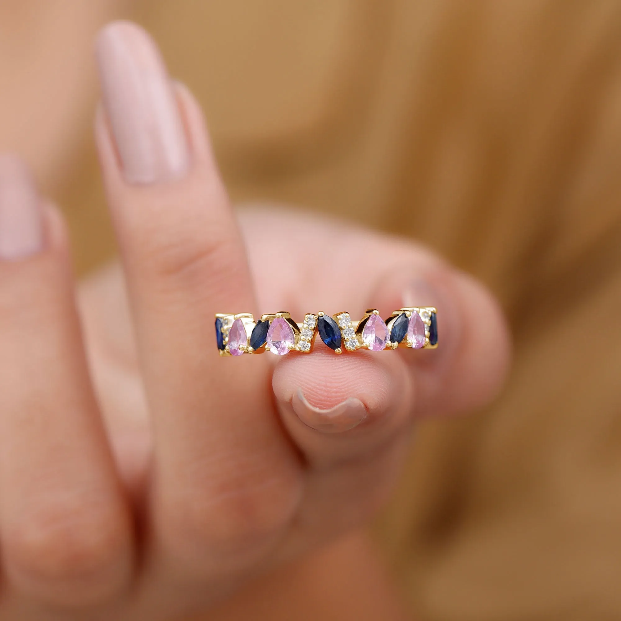 Tilted Created Pink and Created Blue Sapphire Half Eternity Ring with Moissanite