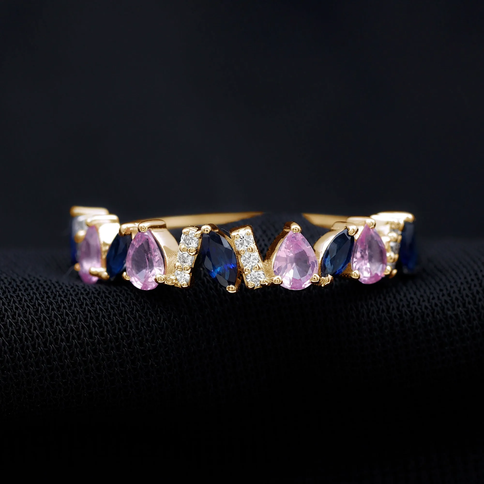 Tilted Created Pink and Created Blue Sapphire Half Eternity Ring with Moissanite