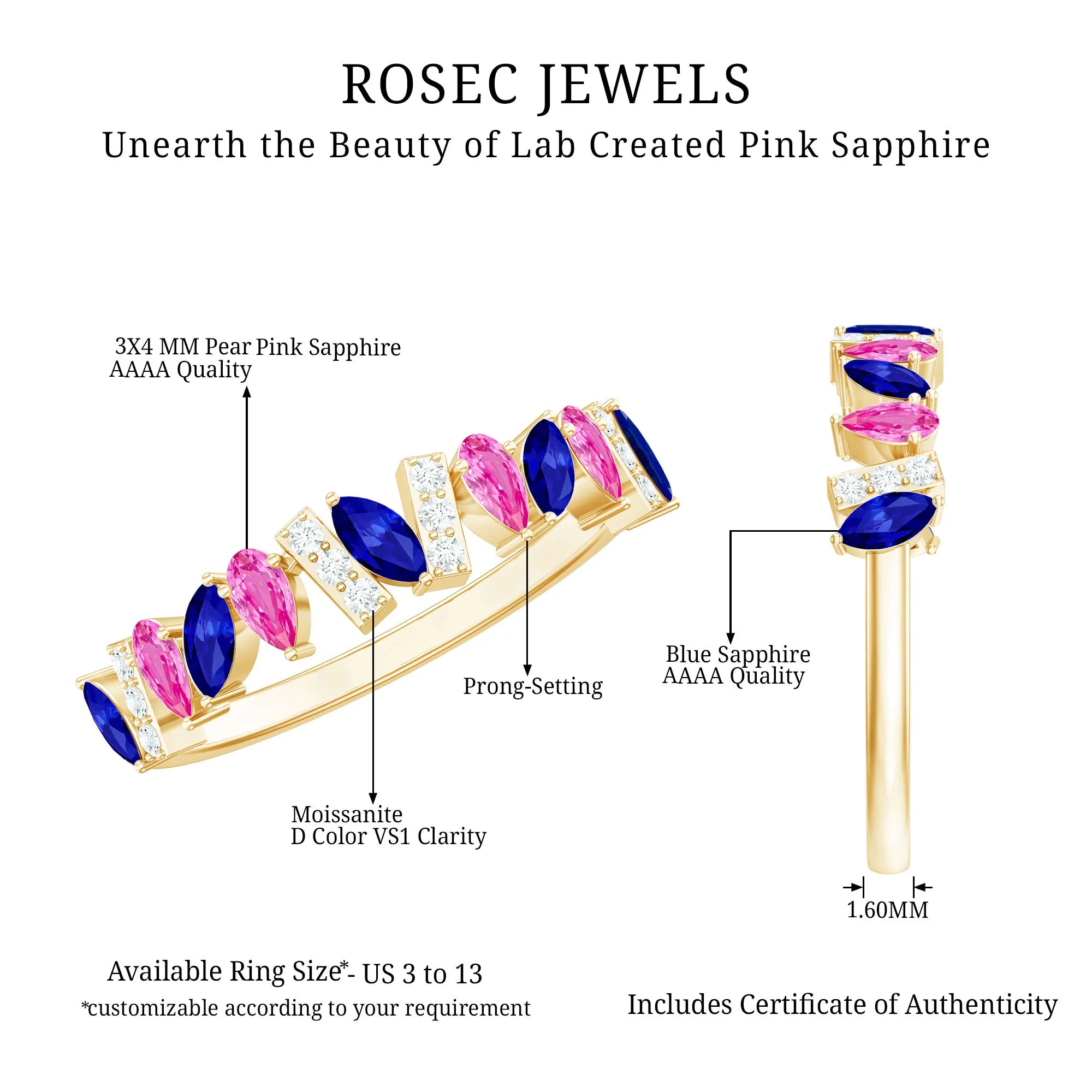Tilted Created Pink and Created Blue Sapphire Half Eternity Ring with Moissanite