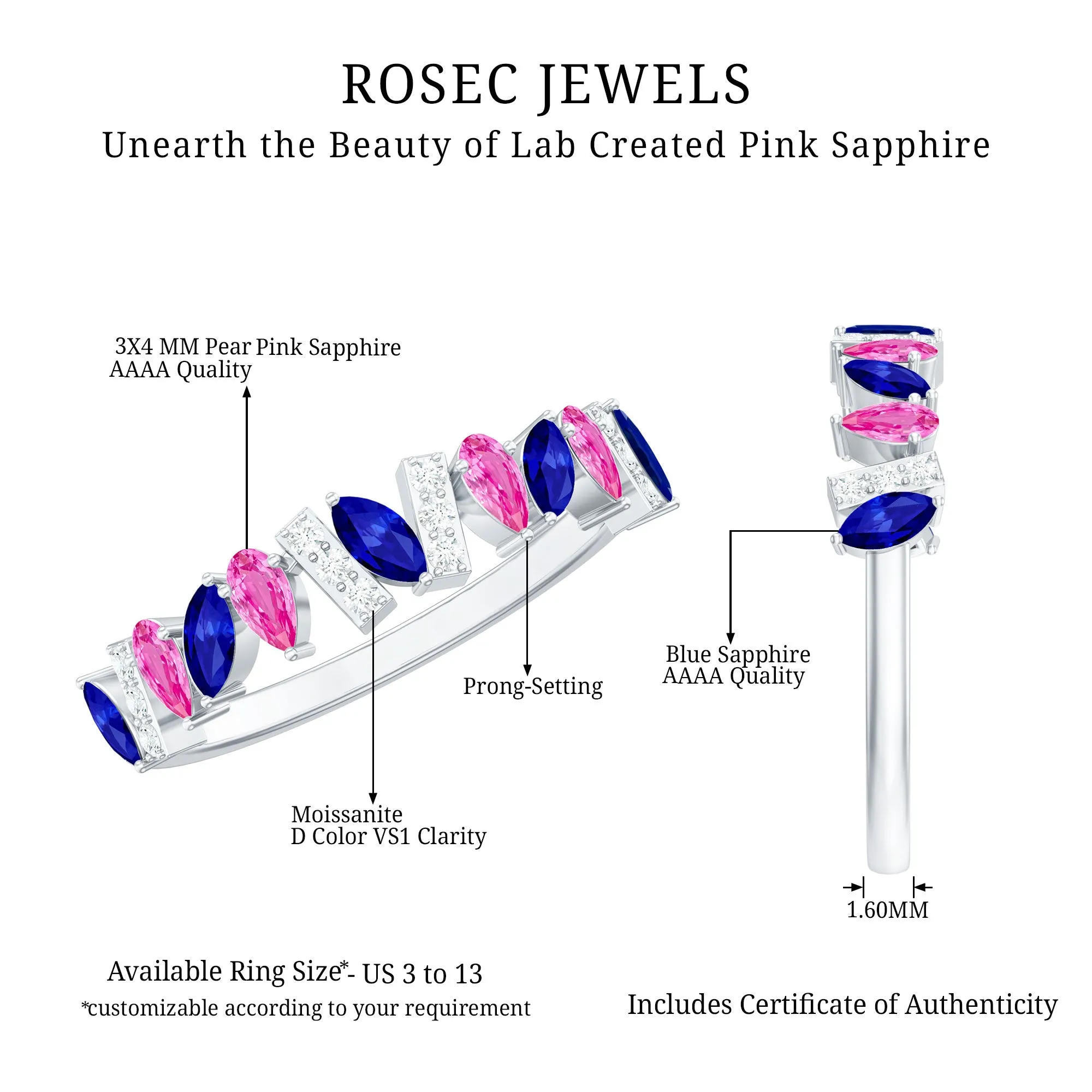 Tilted Created Pink and Created Blue Sapphire Half Eternity Ring with Moissanite