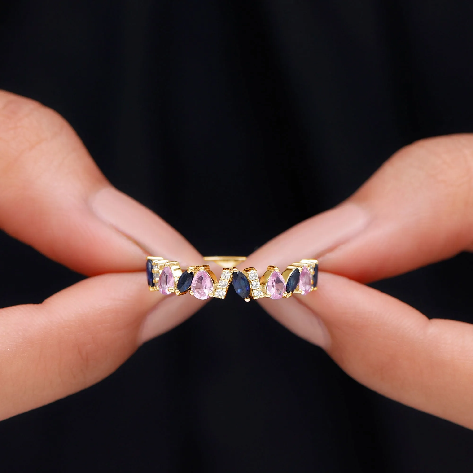 Tilted Created Pink and Created Blue Sapphire Half Eternity Ring with Moissanite