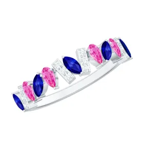 Tilted Created Pink and Created Blue Sapphire Half Eternity Ring with Moissanite