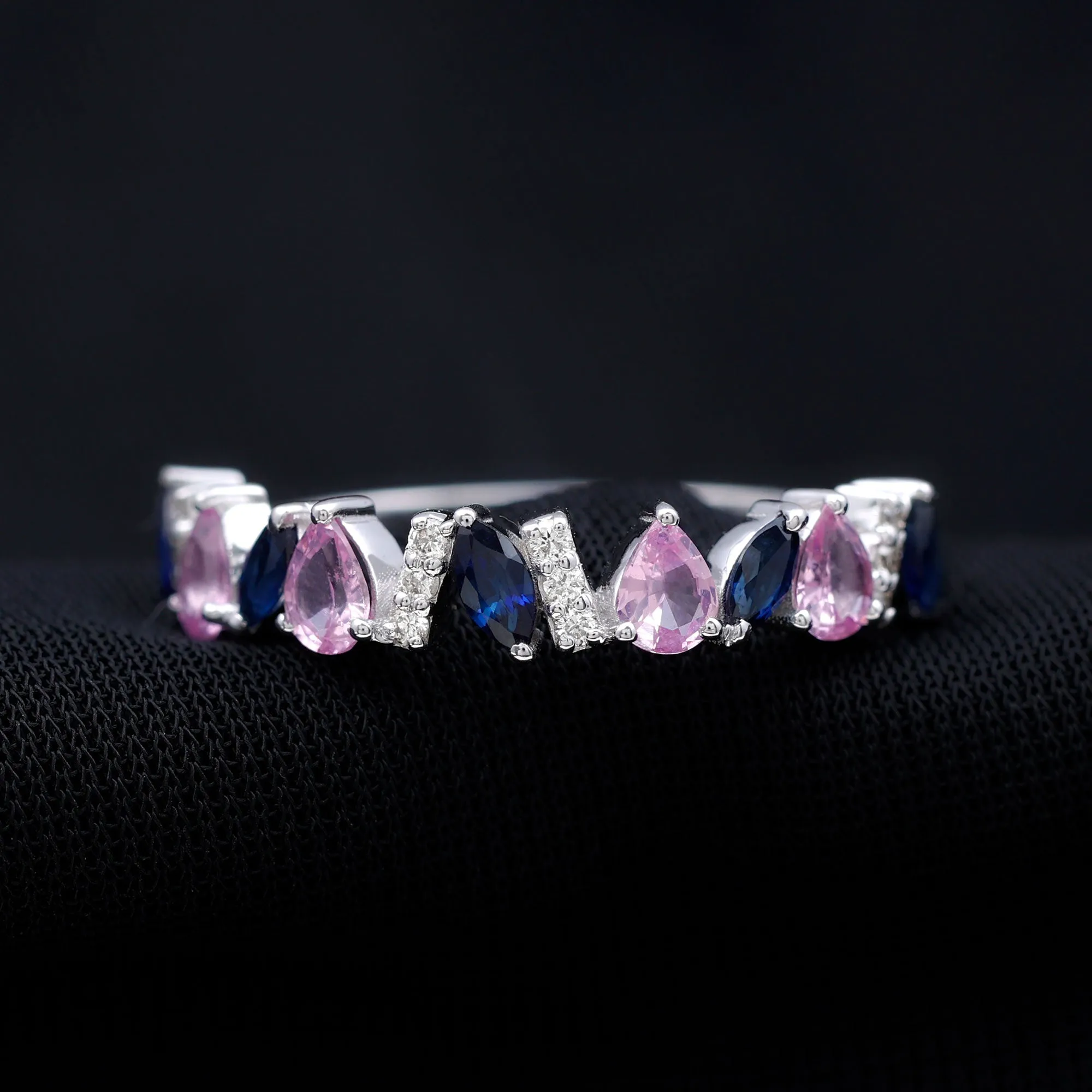 Tilted Created Pink and Created Blue Sapphire Half Eternity Ring with Moissanite