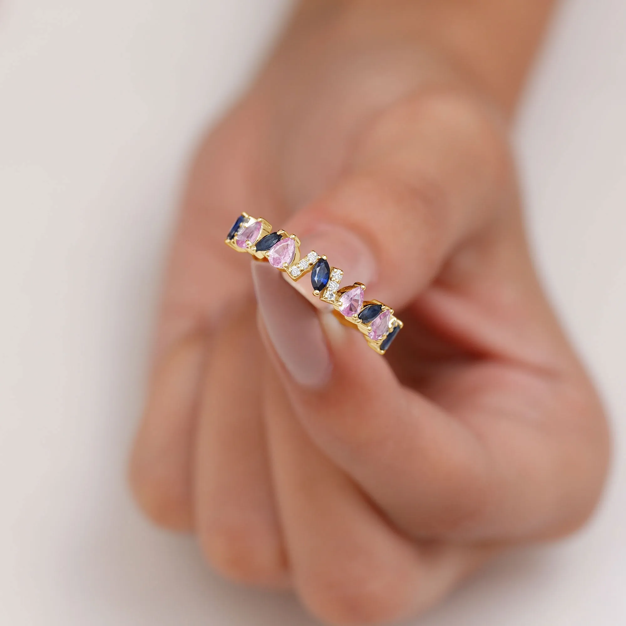 Tilted Created Pink and Created Blue Sapphire Half Eternity Ring with Moissanite