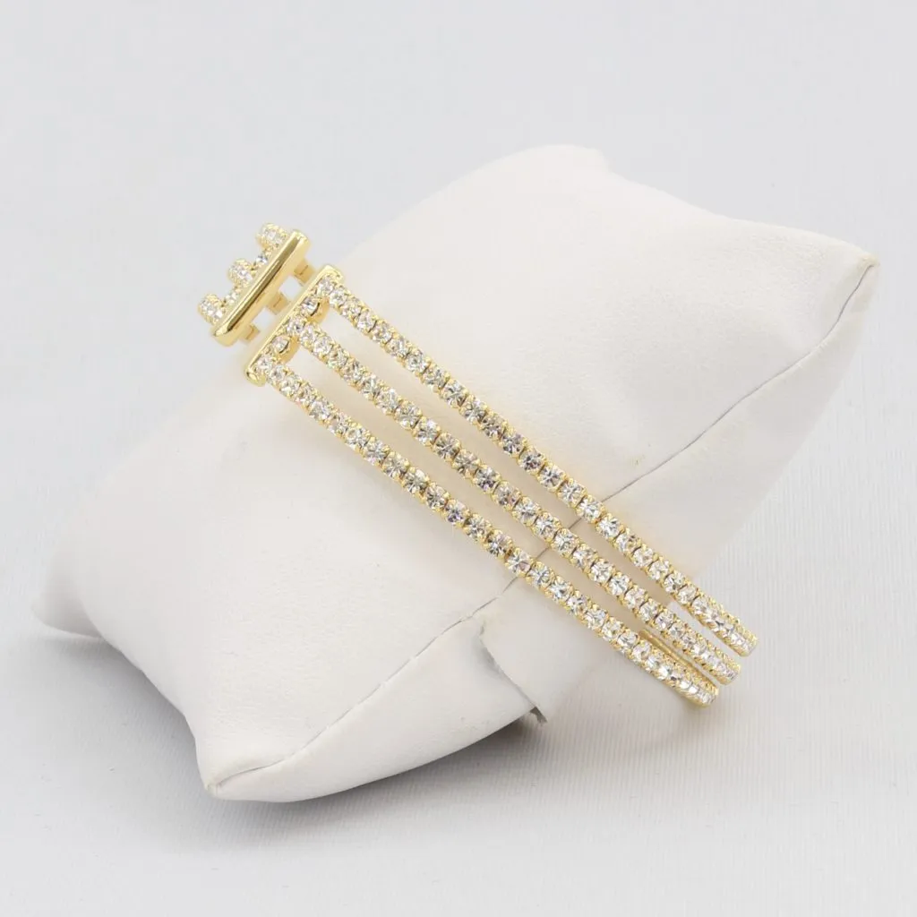 Triple box-snake chain bracelet with inlaid diamond-like cubic zirconia stones
